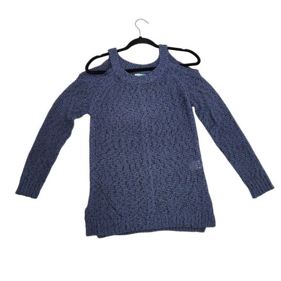 Vintage 90s Cold Shoulder Flecked Rib Knit Sweater Top M Blue Black Casual - Picture 10 of 11